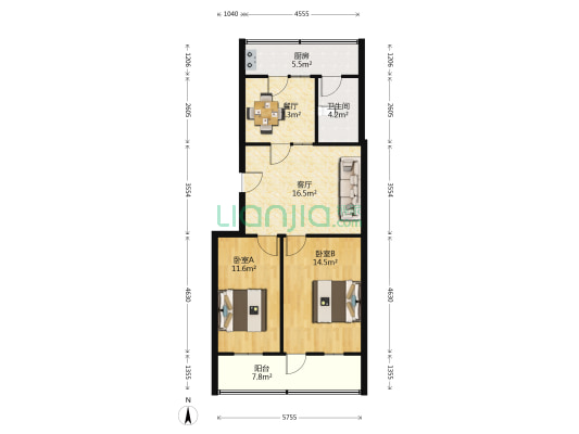 治安支队宿舍 2室2厅1卫 84平方