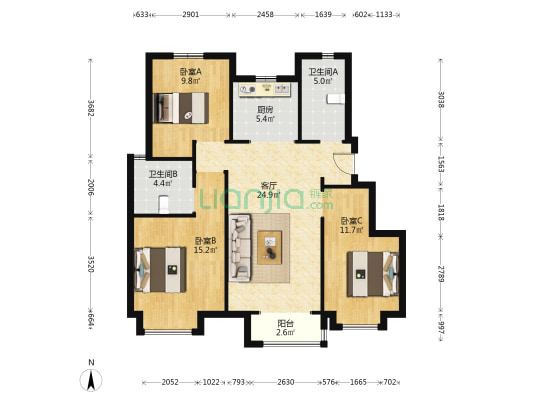 天津汇悦城 3室1厅2卫 104平方