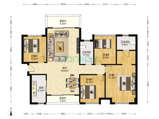 金地鹭湖1号 4室1厅2卫 132平方