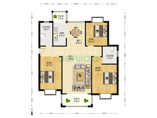 福瑞嘉园 3室2厅2卫 142平方