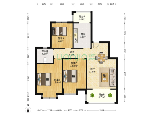 同慧嘉园 3室1厅1卫 107平方