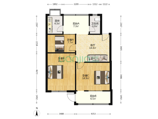 纸坊大街192号 3室1厅1卫 87平方