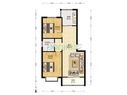 华美和园三期 2室1厅1卫 87平方
