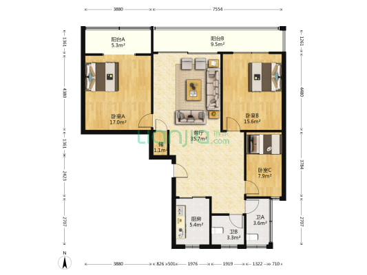 健康路 3室1厅2卫 113平方