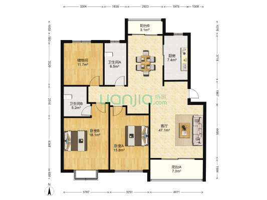 鉴湖景园 2室1厅2卫 137平方