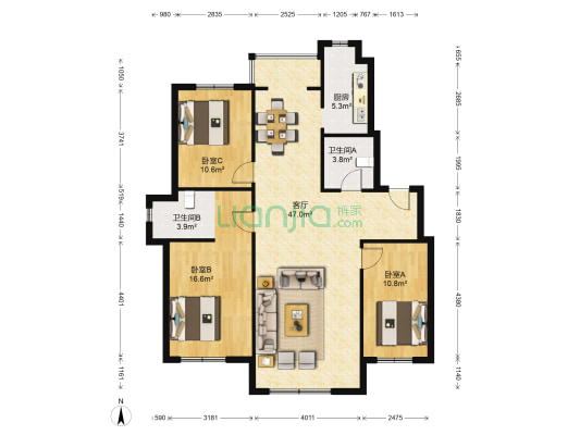 潭泽东南明珠 3室1厅2卫 131平方