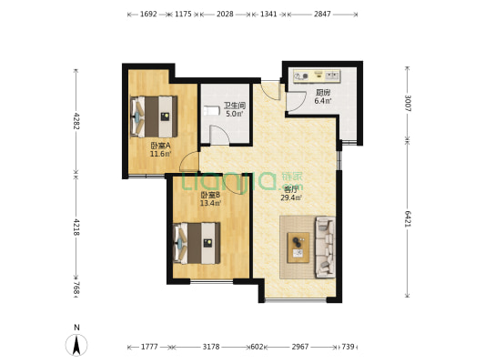 此房为全南户型两居，格局方正，舒适宜居，-户型图