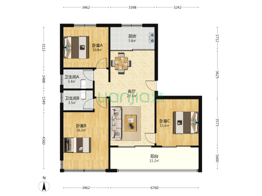 中海方山印 3室1厅2卫 107平方