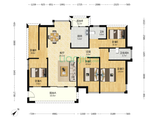 奥园天翔誉峰 5室1厅2卫 115平方