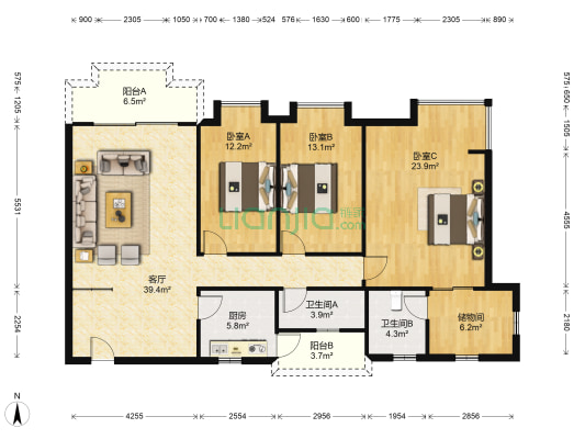景泰花园 3室1厅2卫 142平方