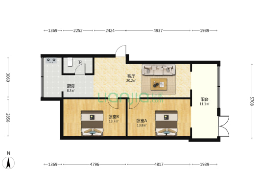 北大三区 2室1厅1卫 73平方
