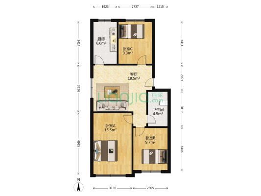 兰东a社区 3室1厅1卫 80平方