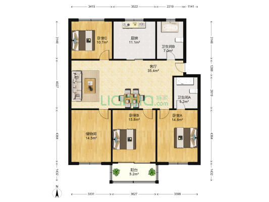 梨花苑 3室1厅2卫 143平方