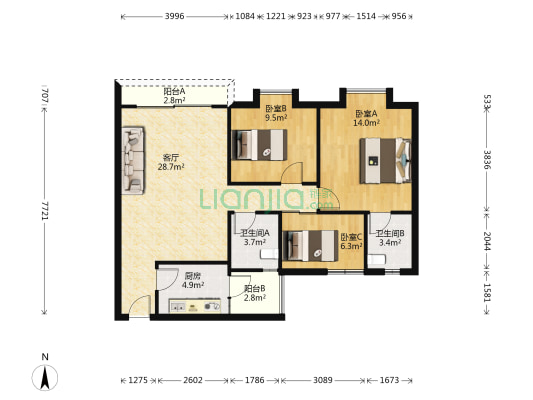 银景苑 3室1厅2卫 96平方