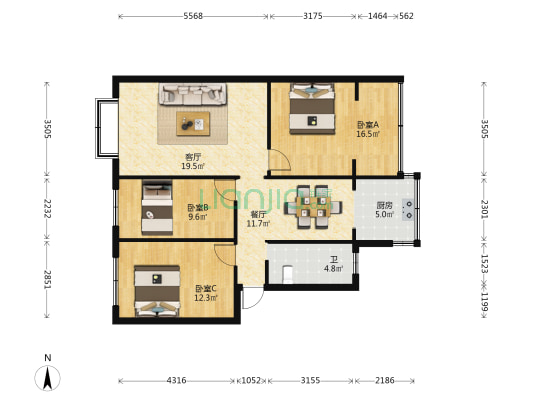 刘家营小区新区 3室2厅1卫 80平方