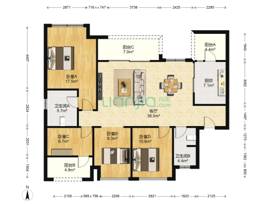 博琅郡二期北 4室1厅2卫 128平方