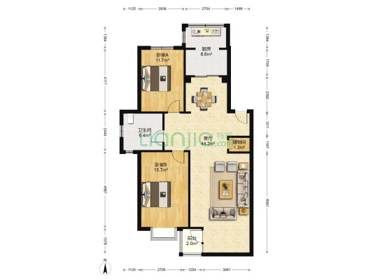 书香门第 2室1厅1卫 113平方