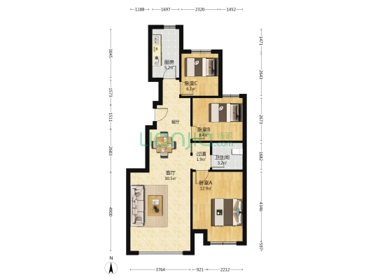 天泰幸福里（胶州）项目 3室1厅1卫 89平方