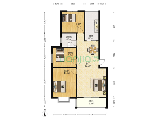 帝豪花园 3室1厅1卫 110平方