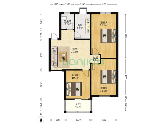 梨花园小区 3室1厅1卫 93平方