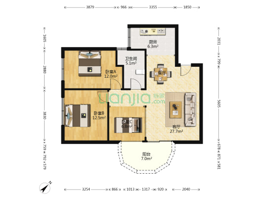 豪苑 3室1厅1卫 88平方