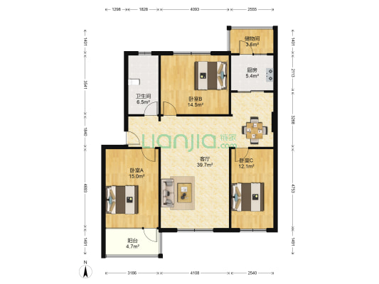 奥海园 3室1厅1卫 118平方