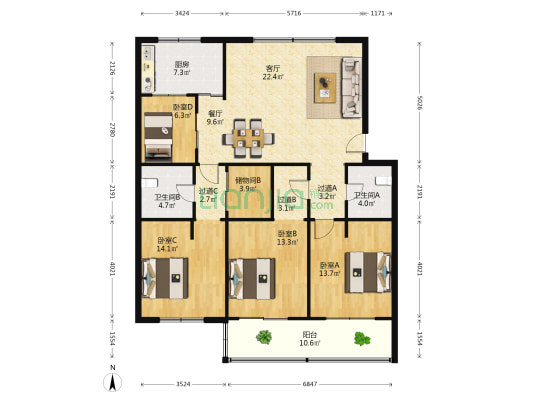 庆丰南路 4室2厅2卫 140平方