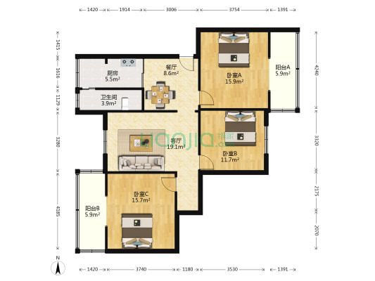 红星路二段7号 3室2厅1卫 87平方