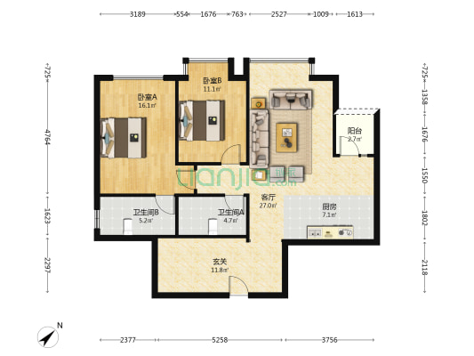 华府金沙名城 2室1厅2卫 108平方
