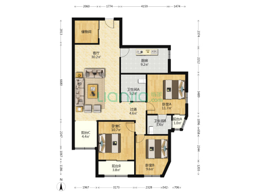 华敏大厦 3室1厅2卫 135平方