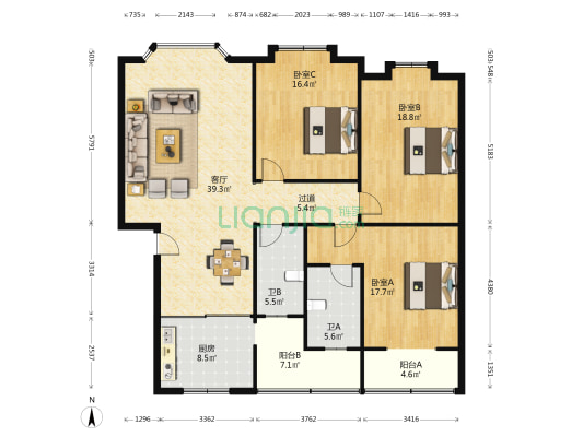 兰台家园 3室1厅2卫 144平方
