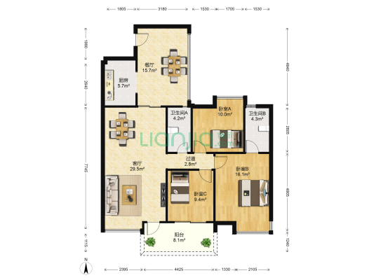 朗晴假日二期 3室2厅2卫 117平方