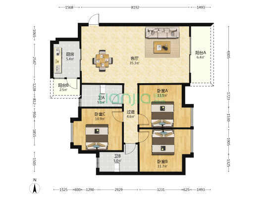 和谐水乡 3室1厅2卫 125平方