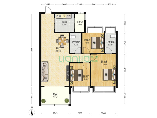 三亚郡领海 3室1厅2卫 107平方