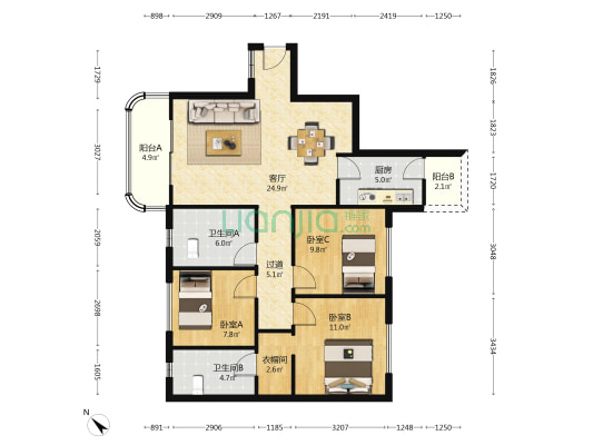 龙城新景 3室1厅2卫 116平方
