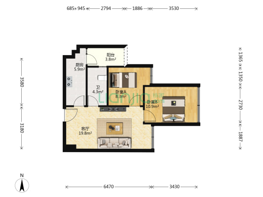 三都汇朝九 2室1厅1卫 72平方