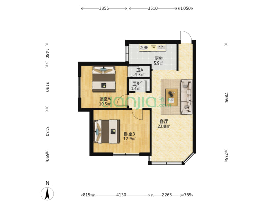三江新村 2室1厅2卫 64平方