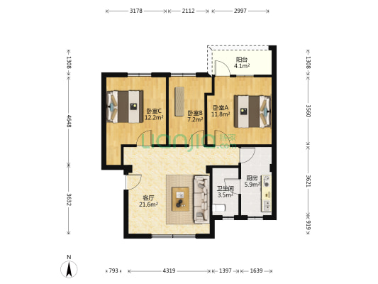 华师大学宿舍中区 3室1厅1卫 79平方