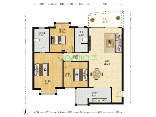 東景花园 3室1厅2卫 125平方