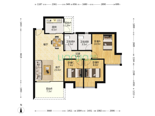 丽雅苑 3室1厅2卫 90平方