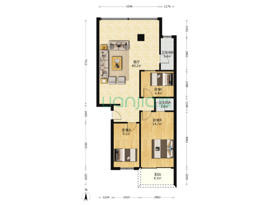城监宿舍 3室1厅2卫 99平方