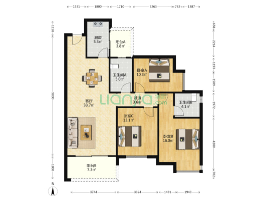 北辰中央公园辰府 3室1厅2卫 122平方