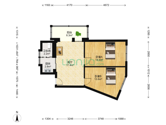 锯齿楼 2室1厅1卫 68平方