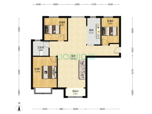 出售 香邑溪谷玫瑰园 南北通透三居 精装修 满二-户型图