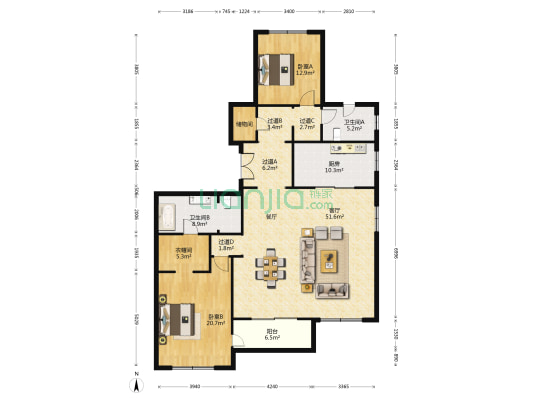 保利西岸 2室1厅2卫 179平方