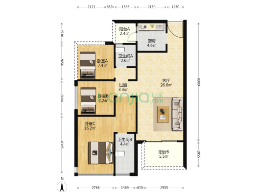 合生御山花园 3室1厅2卫 94平方