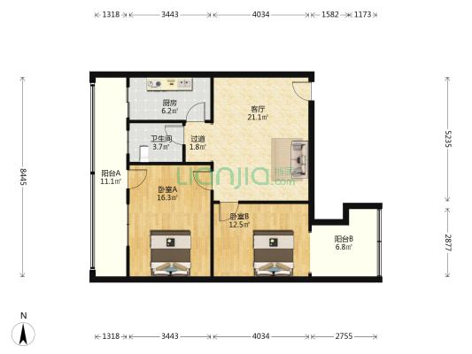 保全街16号院 2室1厅1卫 91平方