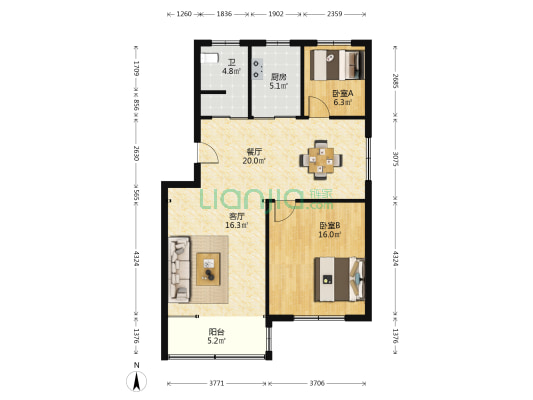 云新三村西区 2室2厅1卫 91平方