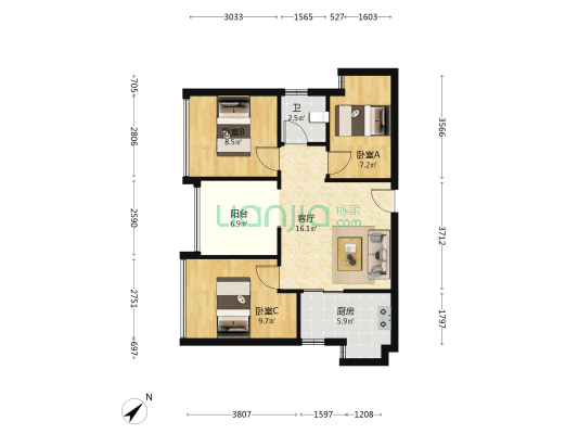 惠恺新时代 3室1厅1卫 85平方