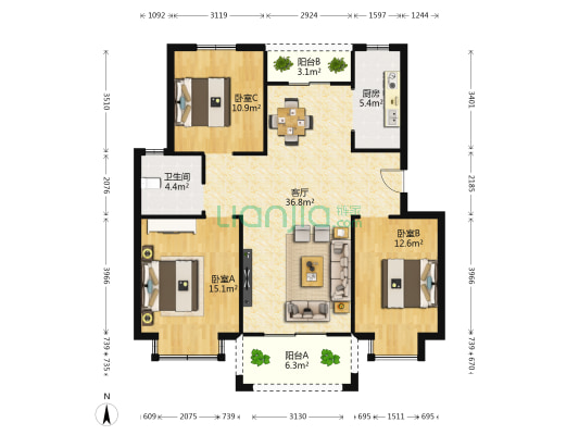 高盛唐郡 3室1厅1卫 115平方